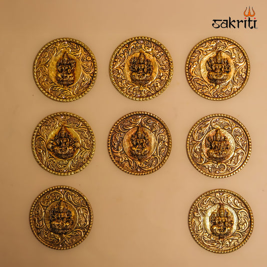 Sacred Needs Brass Round Ashtalakshmi Wall Mounted Plates – 3.8 Inch (9.7 cm) | Decorative Lakshmi Wall Hanging Set for Pooja Room & Home Décor
