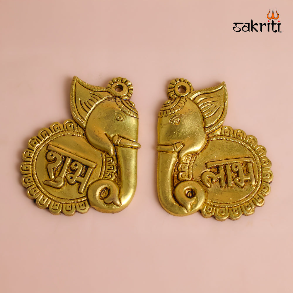 Sacred Needs Brass Elephant Shubh Labh Wall Mount Set – 4 Inch (10.2 cm) Height | Auspicious Brass Wall Hanging for Entrance, Pooja Room & Home Décor
