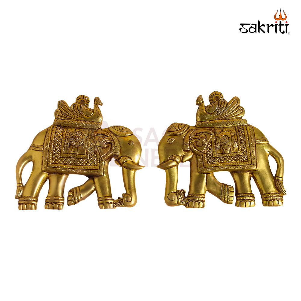 Sacred Needs Brass Elephant Wall Mount with Shankh & Chakra – 6.3 Inch (16 cm) Height | Decorative Brass Wall Hanging for Pooja Room & Home Décor