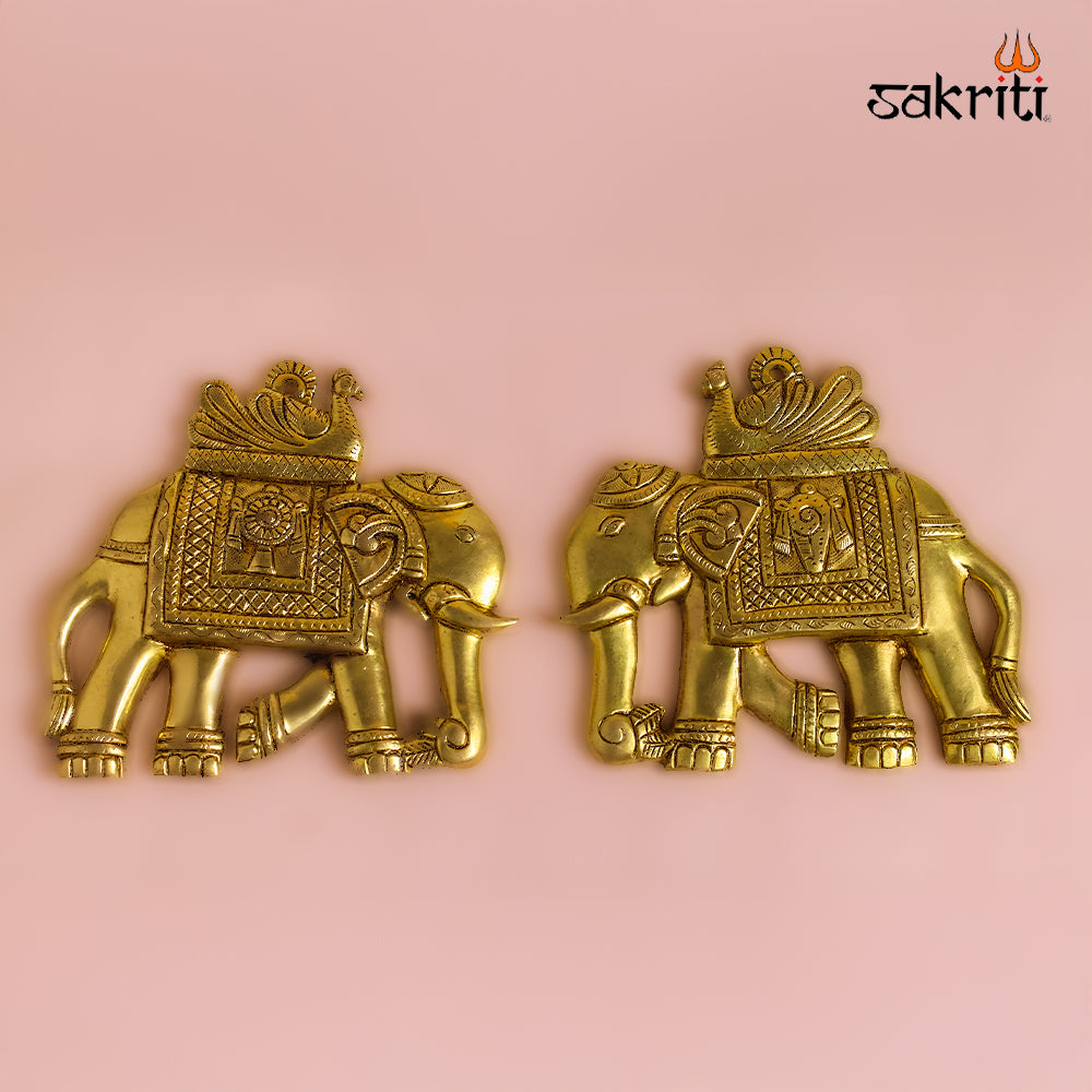 Sacred Needs Brass Elephant Wall Mount with Shankh & Chakra – 6.3 Inch (16 cm) Height | Decorative Brass Wall Hanging for Pooja Room & Home Décor