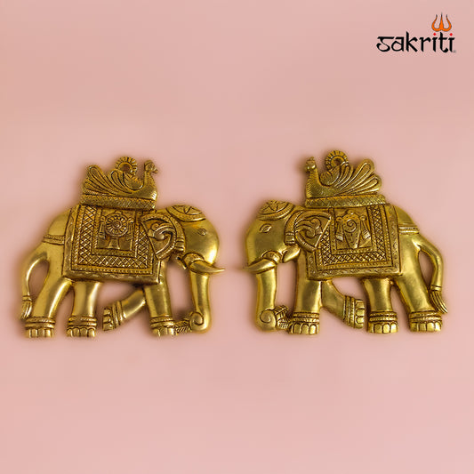 Sacred Needs Brass Elephant Wall Mount with Shankh & Chakra – 6.3 Inch (16 cm) Height | Decorative Brass Wall Hanging for Pooja Room & Home Décor