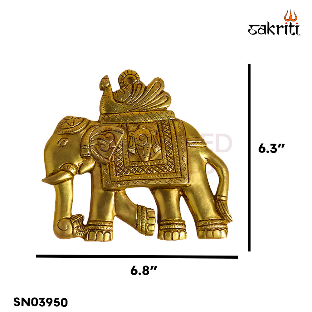 Sacred Needs Brass Elephant Wall Mount with Shankh & Chakra – 6.3 Inch (16 cm) Height | Decorative Brass Wall Hanging for Pooja Room & Home Décor