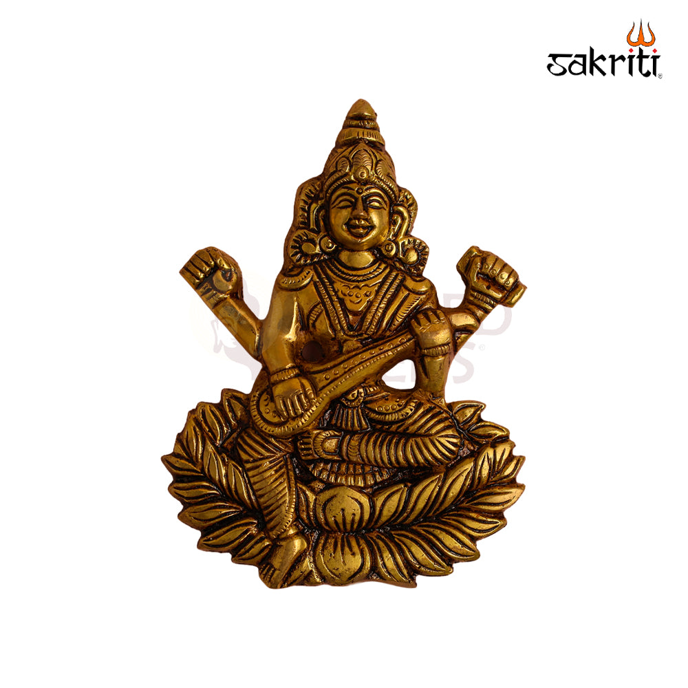 Sacred Needs Brass Saraswathi Wall Mount – 5.5 Inch (14 cm) Height | Goddess Saraswati Wall Hanging for Pooja Room, Study & Home Décor