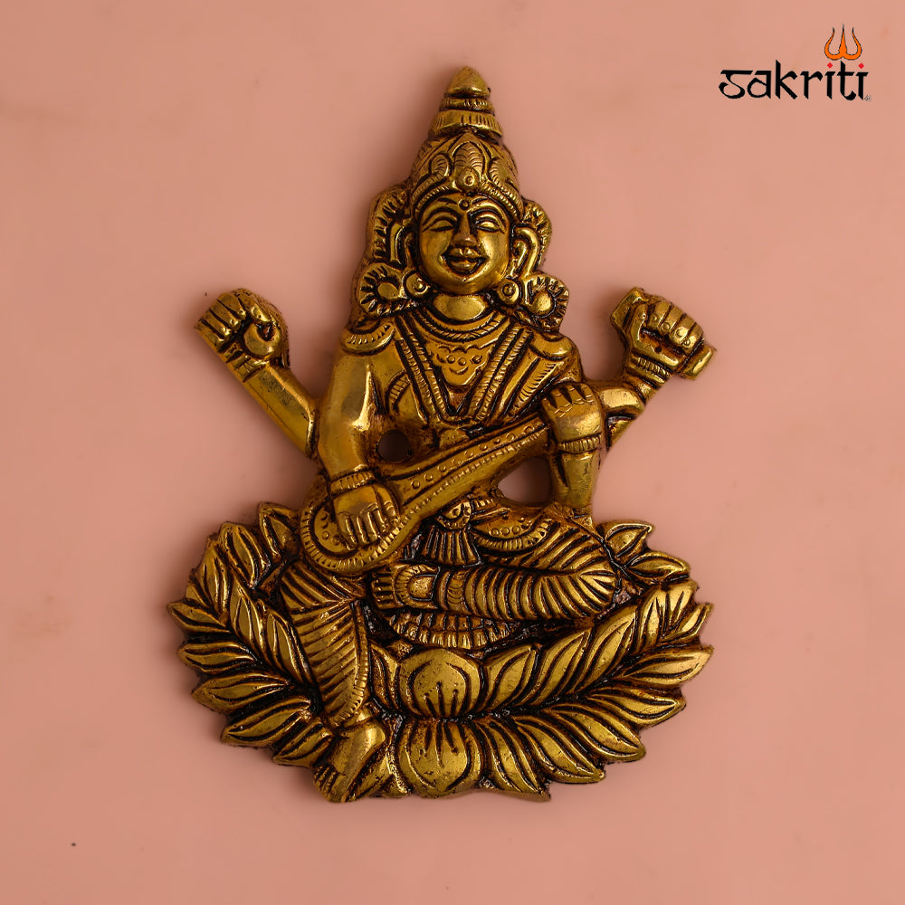 Sacred Needs Brass Saraswathi Wall Mount – 5.5 Inch (14 cm) Height | Goddess Saraswati Wall Hanging for Pooja Room, Study & Home Décor