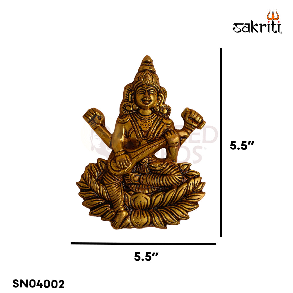 Sacred Needs Brass Saraswathi Wall Mount – 5.5 Inch (14 cm) Height | Goddess Saraswati Wall Hanging for Pooja Room, Study & Home Décor