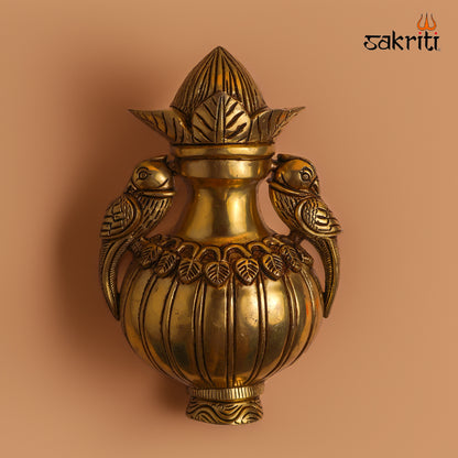 Sacred Needs Brass Kalasam with Parrot Wall Mount – 9.5 Inch (24.1 cm) Height | Traditional Kalash Wall Hanging for Pooja Room & Home Décor