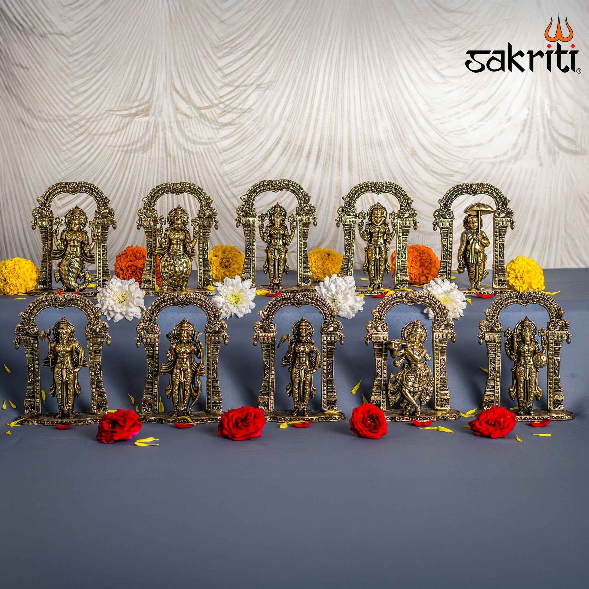 Sacred Needs Brass Dasavatharam Idol Set (10 Pieces) – 5 Inch (12.7 cm) Height | Lord Vishnu Avatars Statue Set for Pooja & Décor