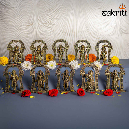 Sacred Needs Brass Dasavatharam Idol Set (10 Pieces) – 5 Inch (12.7 cm) Height | Lord Vishnu Avatars Statue Set for Pooja & Décor