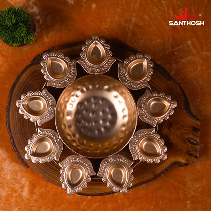 Corn Urli with Deepam Holder – 11.5 Inch Length | Traditional Decorative Bowl with Oil Lamp for Pooja & Home Décor