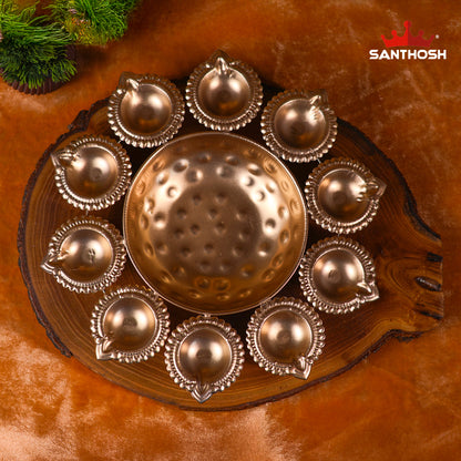 Iron 10 Vilakku Urli – 11.5 Inch Length | Traditional Multi-Wick Oil Lamp Bowl for Pooja & Home Décor