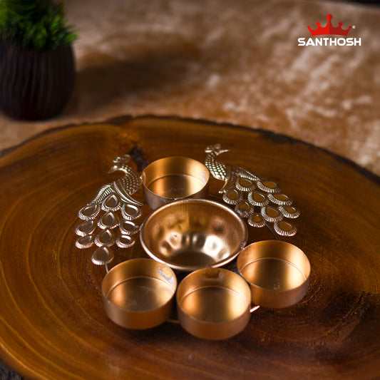 Iron 2 Peacock 4 Lite Urli – 5.6 Inch Length | Traditional Decorative Oil Lamp Bowl for Pooja & Home Décor