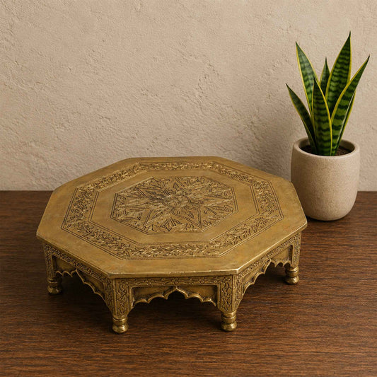 Sacred Needs Brass Octagon Table – 3.5 Inch (8.9 cm) Height | Traditional Brass Chowki Stand for Idols, Pooja Room, Temple & Home Décor