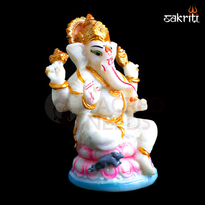 Sacred Needs Marble Dust Lotus Ganesha Idol – 4.3 Inch (10.9 cm) Height | Lord Ganesh Statue for Pooja Room, Temple & Home Décor