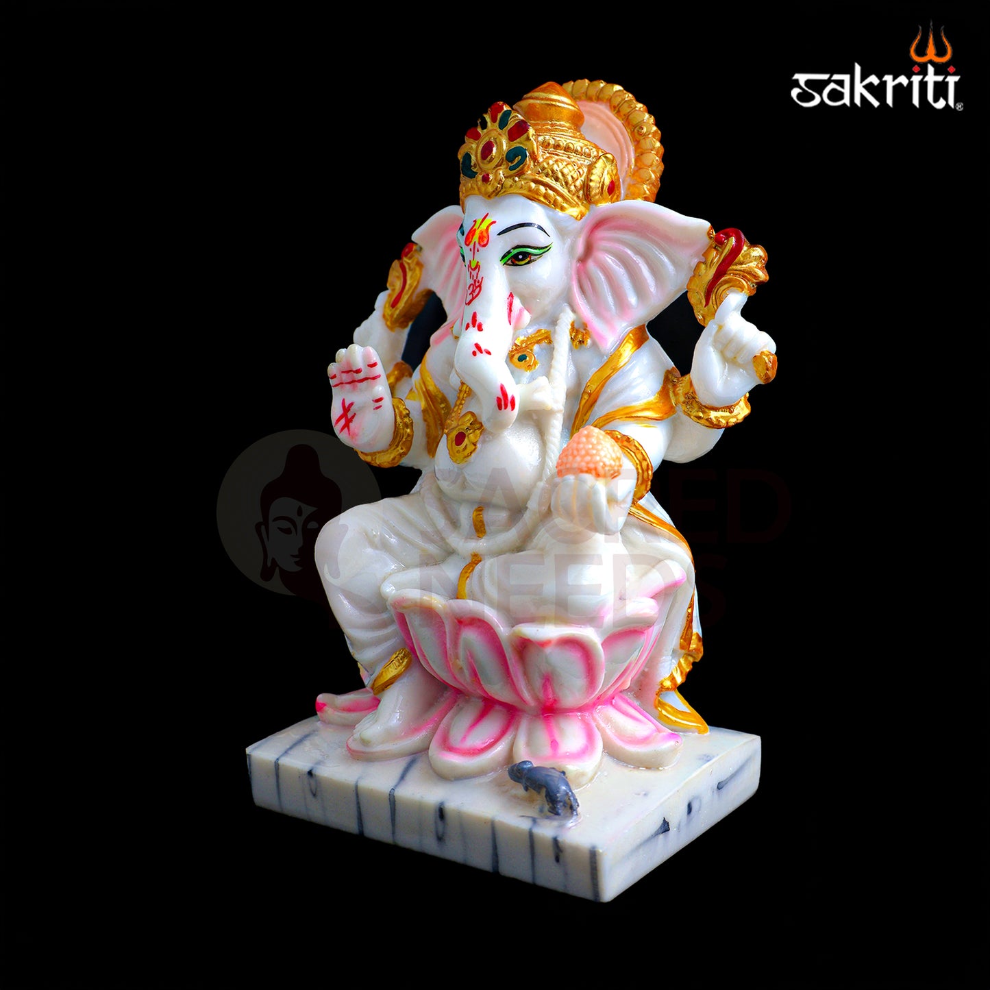 Sacred Needs Marble Dust Lotus Ganesha Idol – 6.7 Inch (17 cm) Height | Lord Ganesha Sitting on Lotus Statue for Pooja Room, Temple & Home Décor