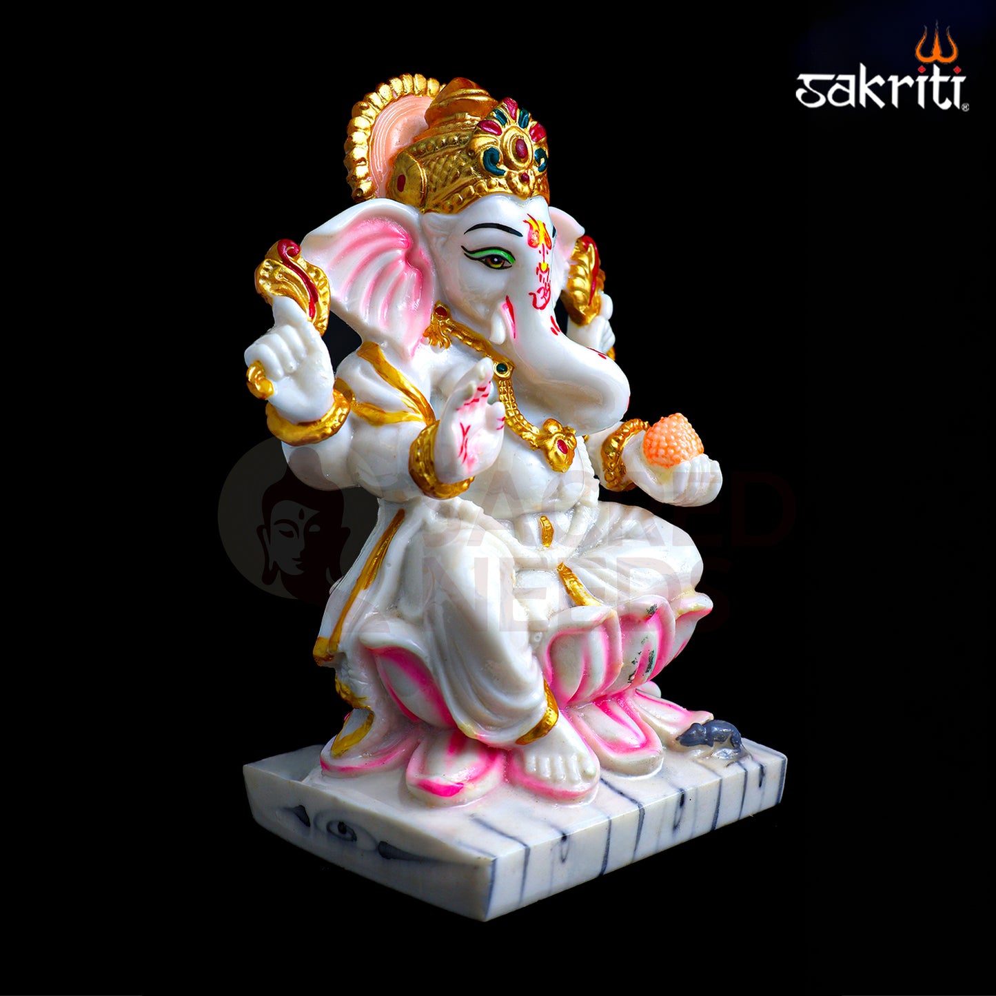 Sacred Needs Marble Dust Lotus Ganesha Idol – 6.7 Inch (17 cm) Height | Lord Ganesha Sitting on Lotus Statue for Pooja Room, Temple & Home Décor