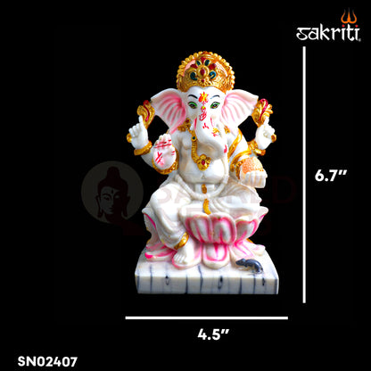 Sacred Needs Marble Dust Lotus Ganesha Idol – 6.7 Inch (17 cm) Height | Lord Ganesha Sitting on Lotus Statue for Pooja Room, Temple & Home Décor