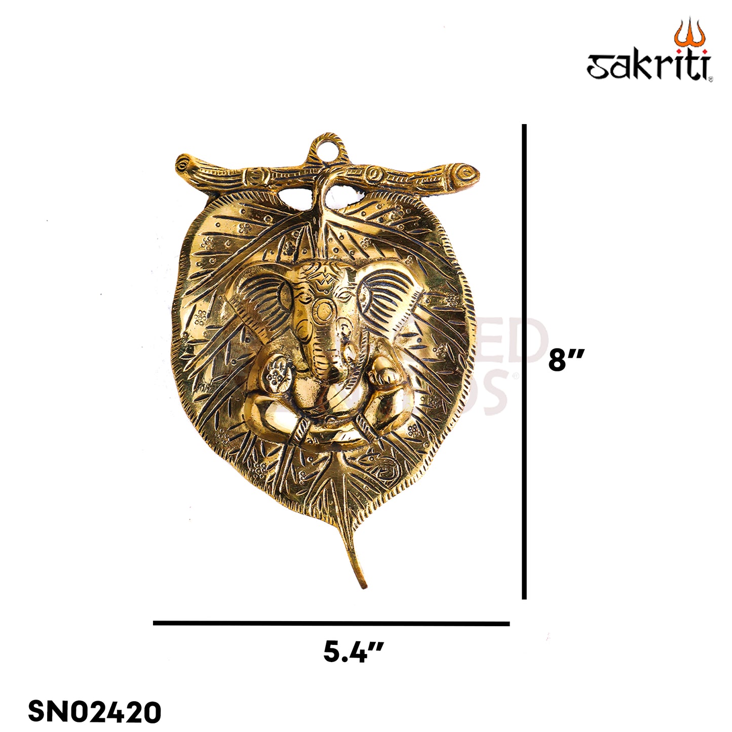 Sacred Needs Brass Stem Leaf Ganesha Wall Mount – 8 Inch (20.3 cm) Height | Decorative Lord Ganesha Brass Wall Hanging for Pooja Room & Home Décor