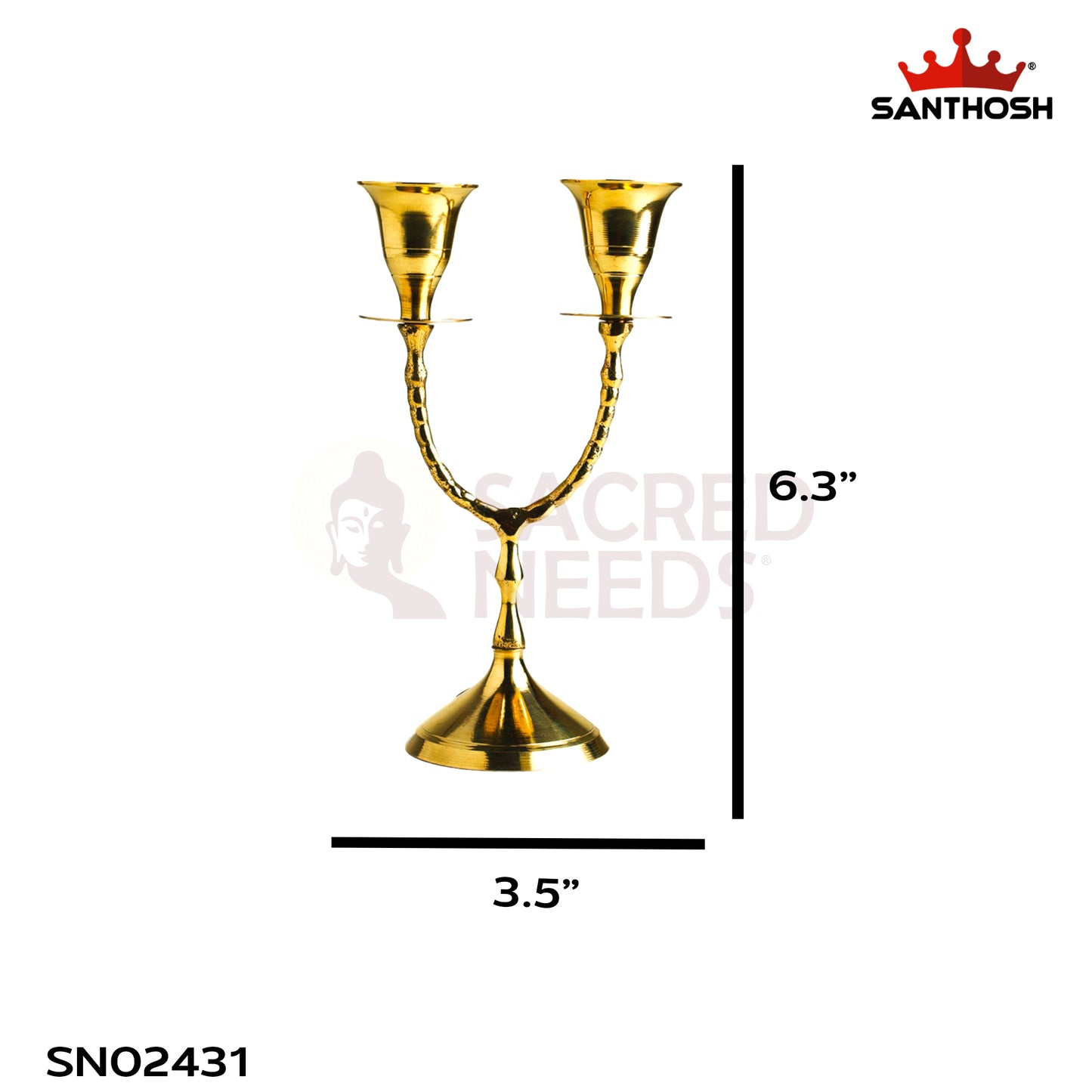 Sacred Needs Brass 2 Candle Stand – 6.3 Inch (16 cm) Height | Traditional Brass Dual Candle Holder for Pooja Room, Dining Table & Home Decor