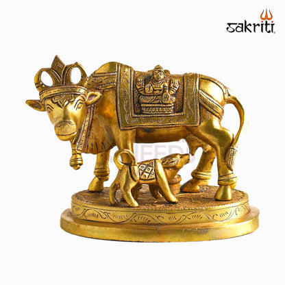 Sacred Needs Brass Cow & Calf Idol with Base – 5 Inch (12.7 cm) Height | Kamadhenu Cow Statue for Pooja Room, Temple & Spiritual Home Decor