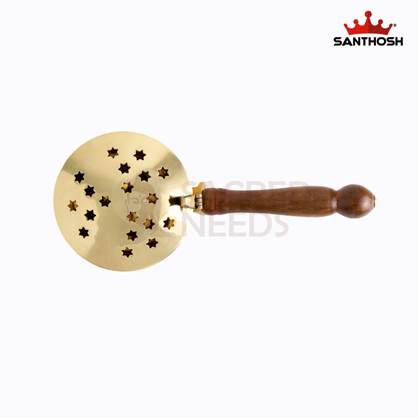 Sacred Needs Brass Dhoopkal with Wooden Handle – 2.3 Inch (5.8 cm) Height | Traditional Brass Incense Burner for Dhoop, Sambrani & Pooja Rituals
