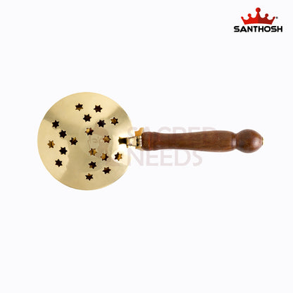 Sacred Needs Brass Dhoopkal with Wooden Handle – 2.3 Inch (5.8 cm) Height | Traditional Brass Incense Burner for Dhoop, Sambrani & Pooja Rituals