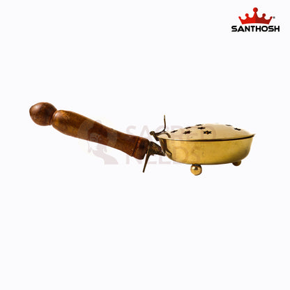 Sacred Needs Brass Dhoopkal with Wooden Handle – 2.3 Inch (5.8 cm) Height | Traditional Brass Incense Burner for Dhoop, Sambrani & Pooja Rituals