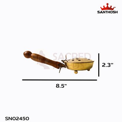 Sacred Needs Brass Dhoopkal with Wooden Handle – 2.3 Inch (5.8 cm) Height | Traditional Brass Incense Burner for Dhoop, Sambrani & Pooja Rituals