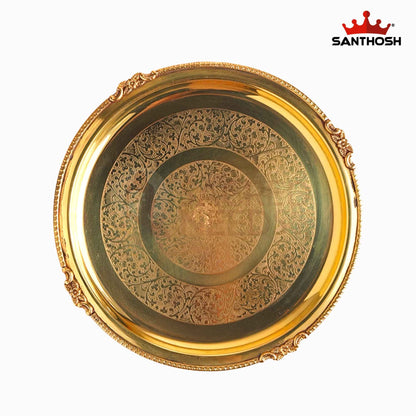 Sacred Needs Brass 4 Flower Etching Plate – 10.5 Inch (26.7 cm) Diameter | Traditional Brass Pooja Thali with Floral Engraving for Temple Rituals & Home Decor