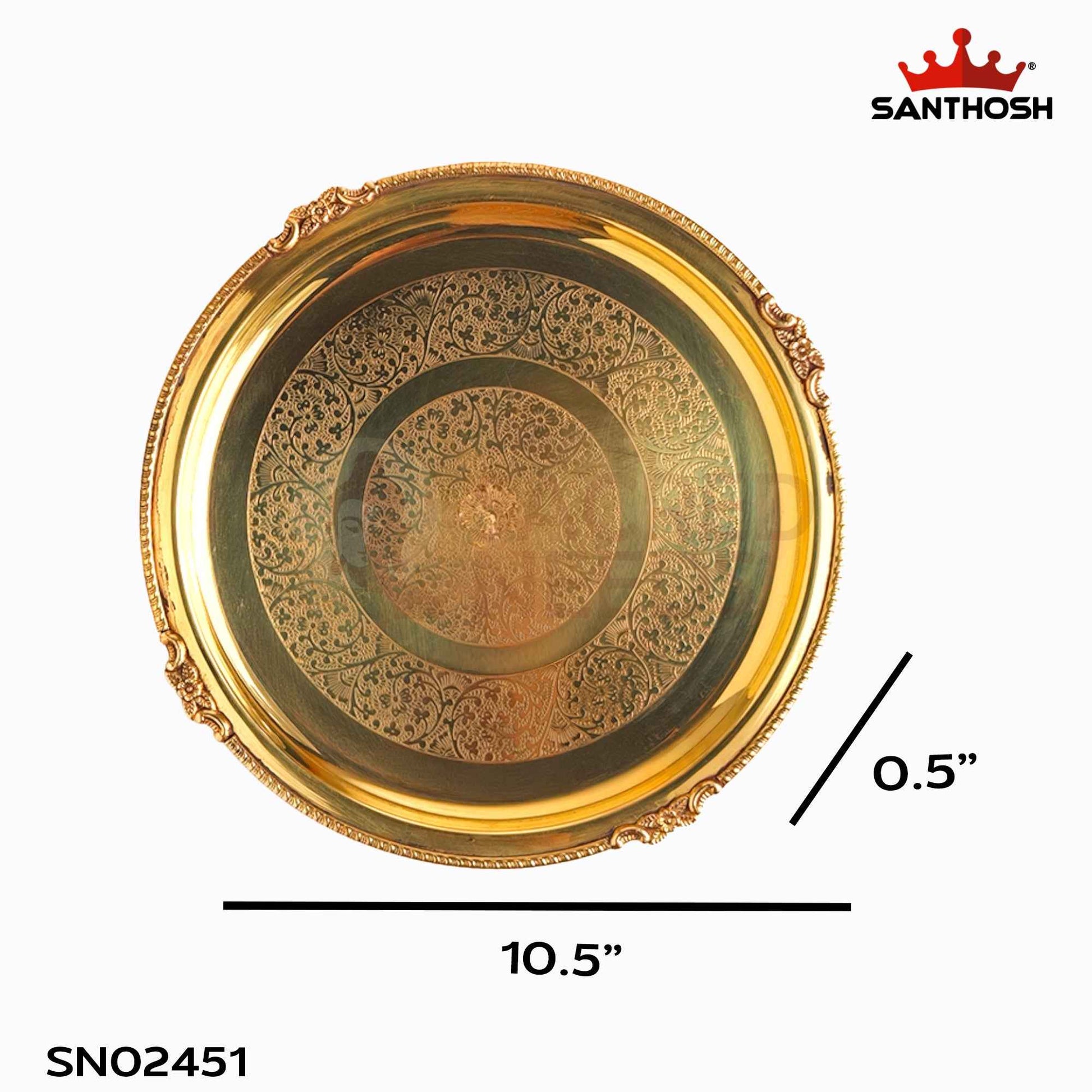 Sacred Needs Brass 4 Flower Etching Plate – 10.5 Inch (26.7 cm) Diameter | Traditional Brass Pooja Thali with Floral Engraving for Temple Rituals & Home Decor