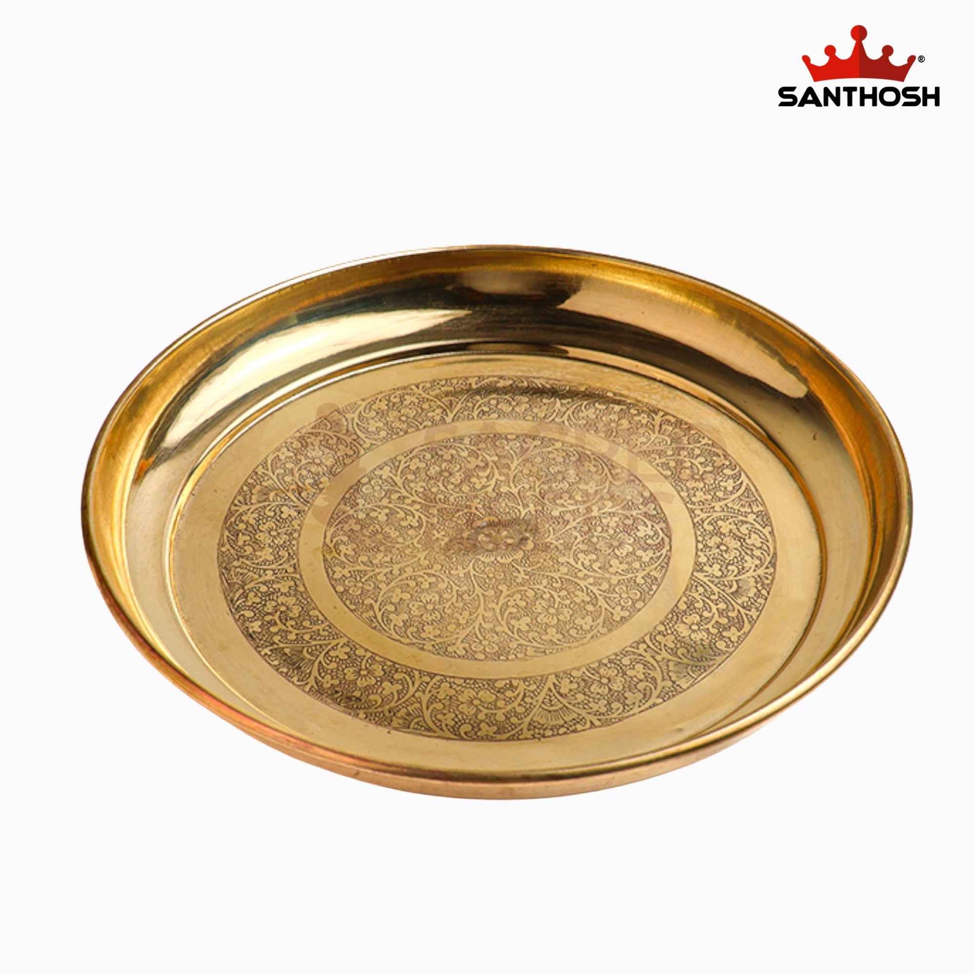 Sacred Needs Brass Etching China Plate – 10.5 Inch (26.7 cm) Diameter | Traditional Engraved Brass Pooja Thali for Temple, Rituals & Home Decor
