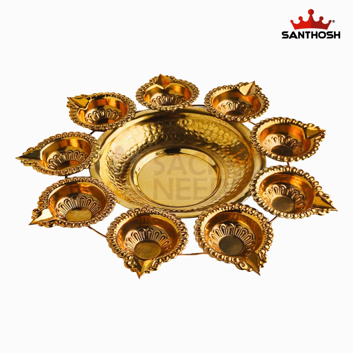 Sacred Needs Brass Urli with 9 Deepam – 1.3 Inch (3.3 cm) Height | Traditional Brass Urli Bowl with 9 Oil Lamps for Pooja, Festivals & Home Decor