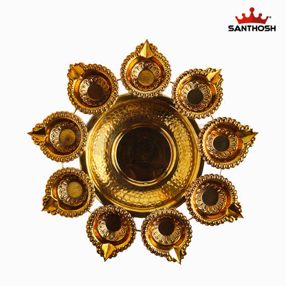 Sacred Needs Brass Urli with 9 Deepam – 1.3 Inch (3.3 cm) Height | Traditional Brass Urli Bowl with 9 Oil Lamps for Pooja, Festivals & Home Decor