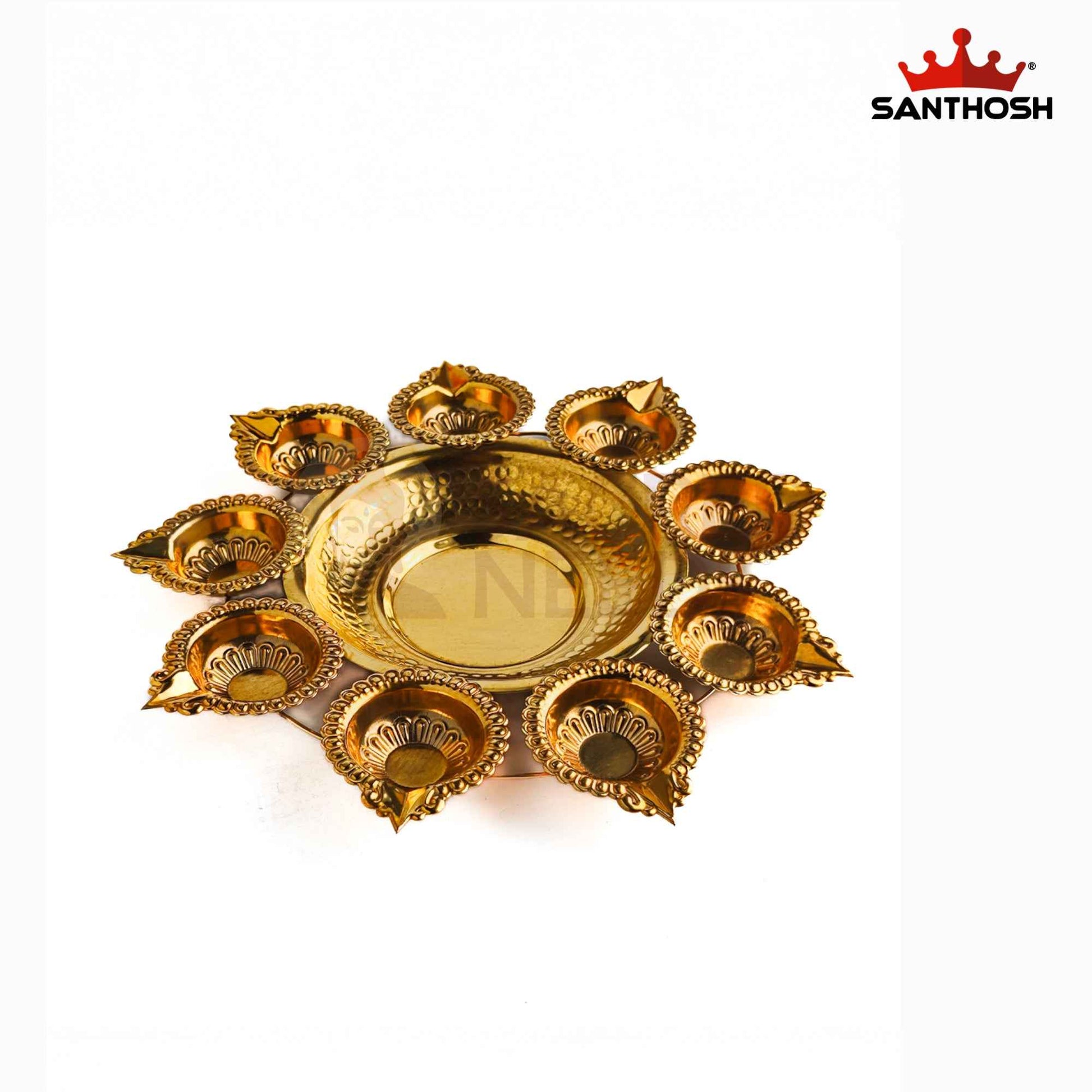 Sacred Needs Brass Urli with 9 Deepam – 10.5 Inch (26.7 cm) Diameter | Traditional Brass Urli Bowl with 9 Diya Holders for Floating Flowers, Festive Decor & Pooja