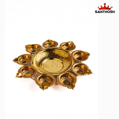 Sacred Needs Brass Urli with 9 Deepam – 10.5 Inch (26.7 cm) Diameter | Traditional Brass Urli Bowl with 9 Diya Holders for Floating Flowers, Festive Decor & Pooja