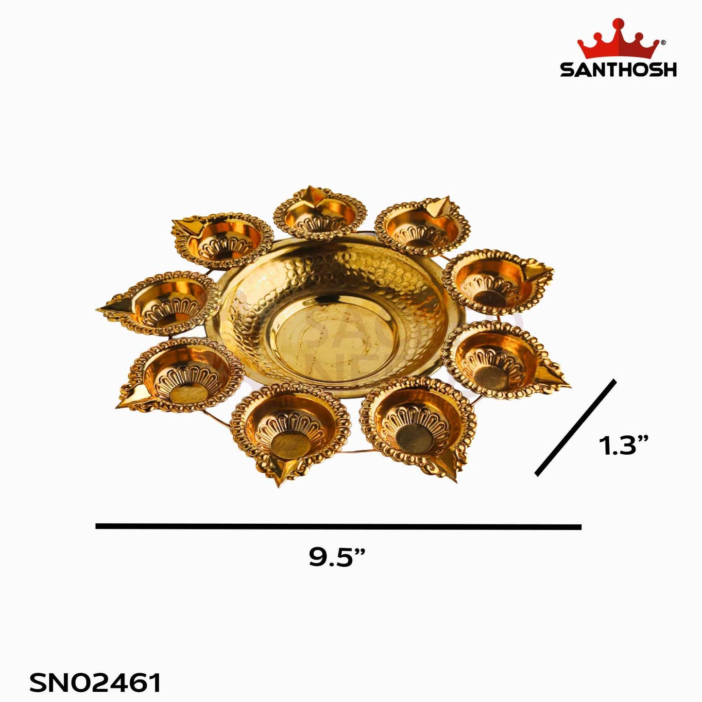 Sacred Needs Brass Urli with 9 Deepam – 1.3 Inch (3.3 cm) Height | Traditional Brass Urli Diya Bowl with 9 Oil Lamps for Pooja, Festivals & Home Decor