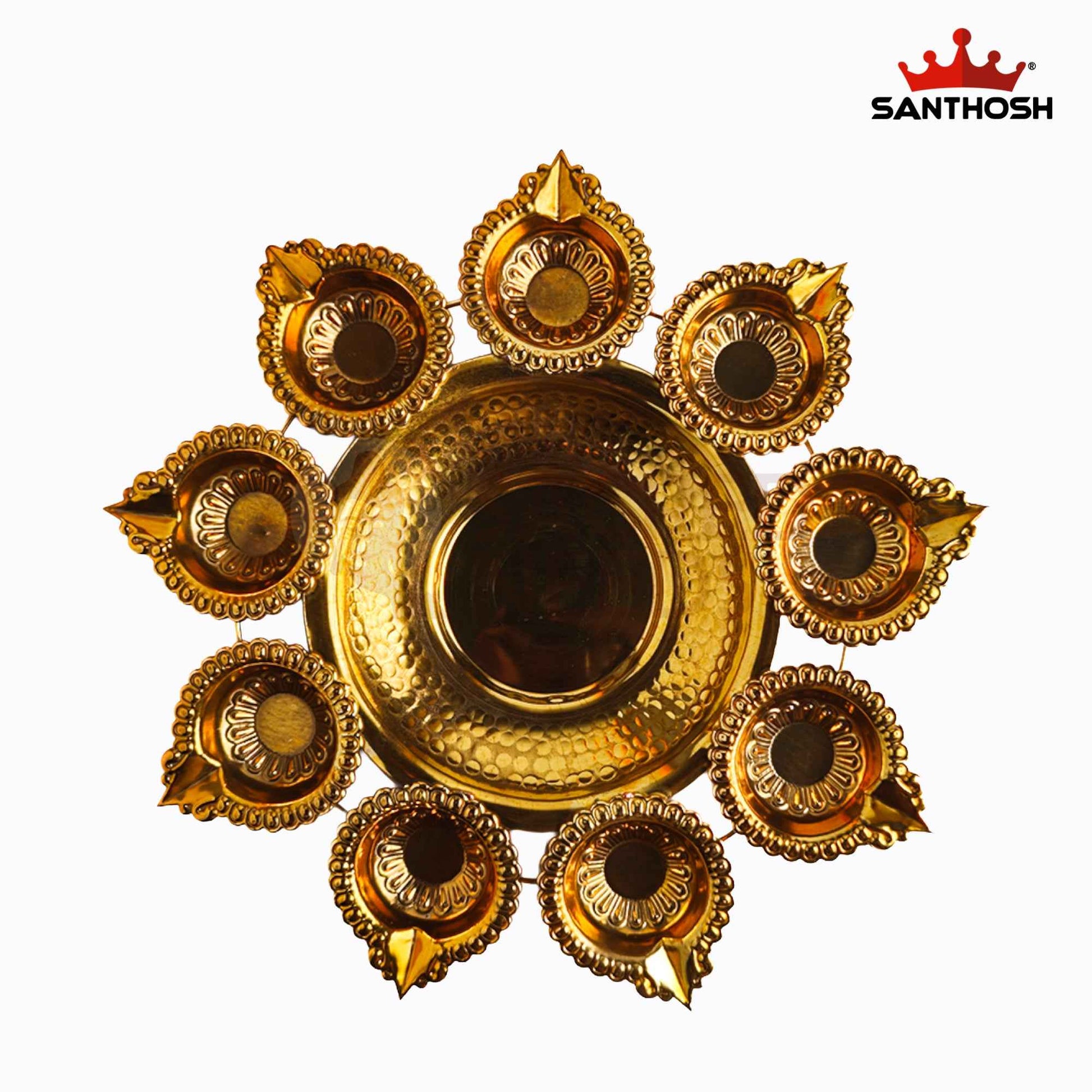 Sacred Needs Brass Urli with 9 Deepam – 10.5 Inch (26.7 cm) Diameter | Traditional Brass Urli Bowl with 9 Diya Holders for Floating Flowers, Festive Decor & Pooja
