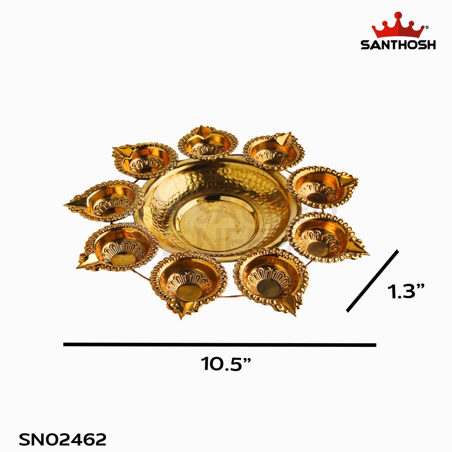 Sacred Needs Brass Urli with 9 Deepam – 10.5 Inch (26.7 cm) Diameter | Traditional Brass Urli Bowl with 9 Diya Holders for Floating Flowers, Festive Decor & Pooja
