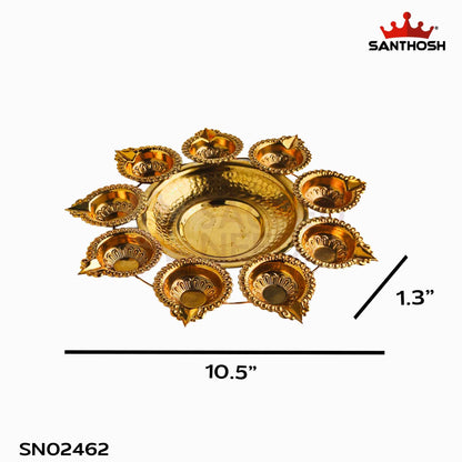 Sacred Needs Brass Urli with 9 Deepam – 10.5 Inch (26.7 cm) Diameter | Traditional Brass Urli Bowl with 9 Diya Holders for Floating Flowers, Festive Decor & Pooja