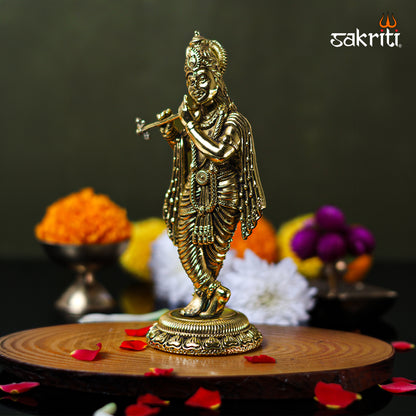 Sacred Needs Brass Krishna Idol – 6.4 Inch (16.3 cm) Height | Lord Krishna Statue for Pooja Room & Home Décor