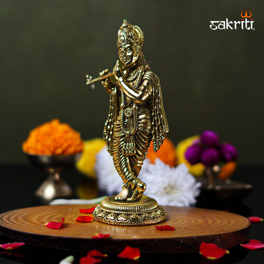 Sacred Needs Brass Krishna Idol – 6.4 Inch (16.3 cm) Height | Lord Krishna Statue for Pooja Room & Home Décor