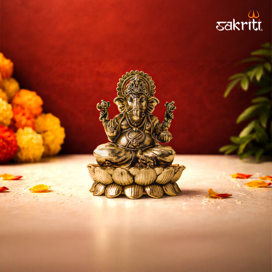 Sacred Needs Brass Lotus Ganesha Idol – 3.3 Inch (8.4 cm) Height | Lord Ganesha Statue for Pooja Room, Home Temple & Spiritual Décor