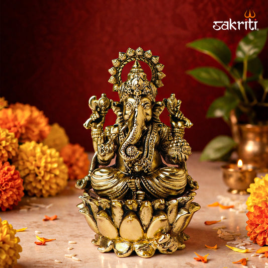 Sacred Needs Brass Three Layer Lotus Ganesha Idol – 3.6 Inch (9.1 cm) Height | Decorative Ganesha Statue for Pooja & Home Décor