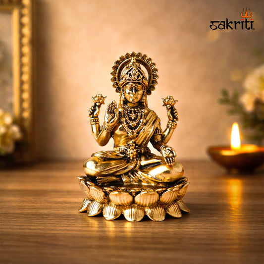 Sacred Needs Brass Lotus Lakshmi Idol – 3.4 Inch (8.6 cm) Height | Goddess Lakshmi Statue for Wealth, Prosperity & Pooja Décor