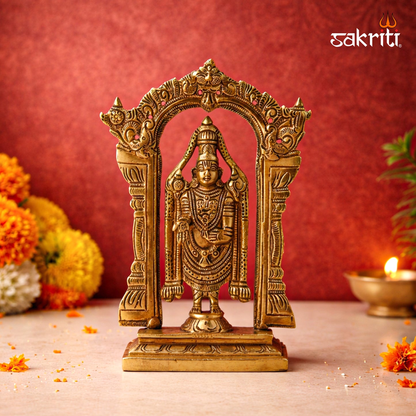 Sacred Needs Brass Tirupati Balaji Idol – 8 Inch (20.3 cm) Height | Lord Venkateswara Statue for Pooja Room, Temple & Home Décor