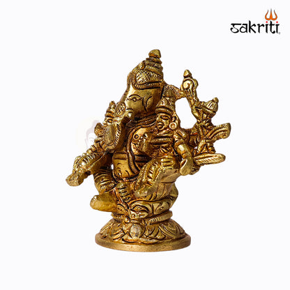 Sacred Needs Brass Ganesha Riddhi Siddhi Idol – 3 Inch (7.6 cm) Height | Lord Ganesha with Consorts Statue for Pooja & Home