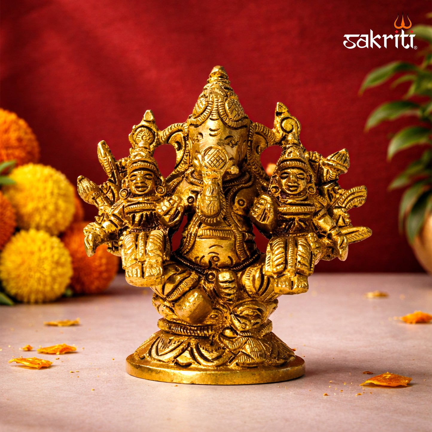 Sacred Needs Brass Ganesha Riddhi Siddhi Idol – 3 Inch (7.6 cm) Height | Lord Ganesha with Consorts Statue for Pooja & Home