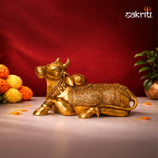 Sacred Needs Brass Nandi Idol – 15 Inch (38.1 cm) Height | Sacred Nandi Bull Statue for Shiva Temple & Pooja