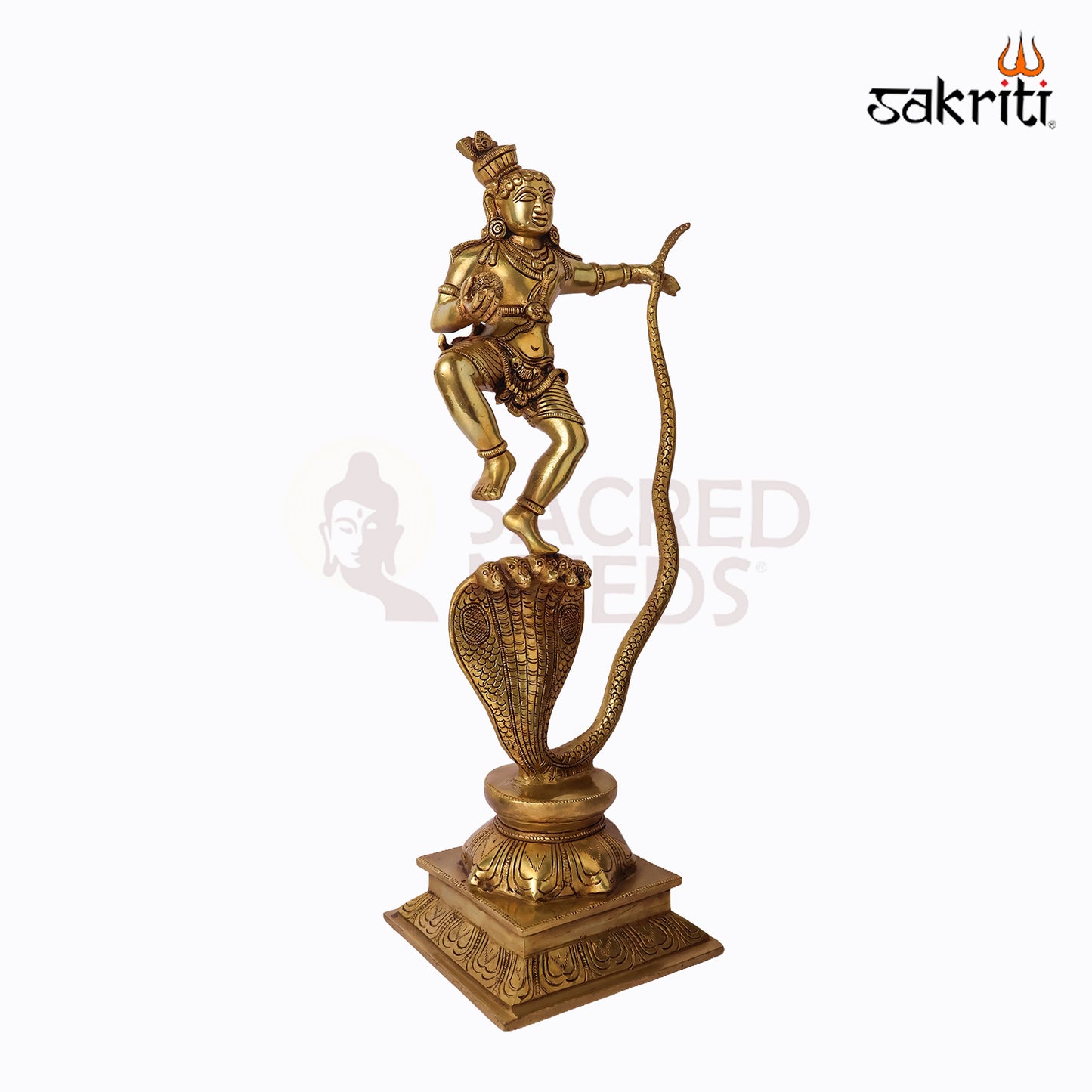 Sacred Needs Brass Nag Krishna Idol – 18 Inch (45.7 cm) Height | Lord Krishna with Serpent Statue for Temple & Home Décor