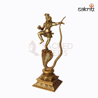 Sacred Needs Brass Nag Krishna Idol – 18 Inch (45.7 cm) Height | Lord Krishna with Serpent Statue for Temple & Home Décor
