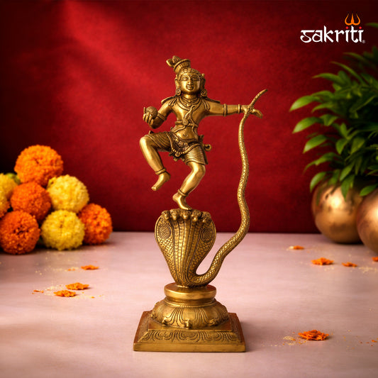 Sacred Needs Brass Nag Krishna Idol – 18 Inch (45.7 cm) Height | Lord Krishna with Serpent Statue for Temple & Home Décor